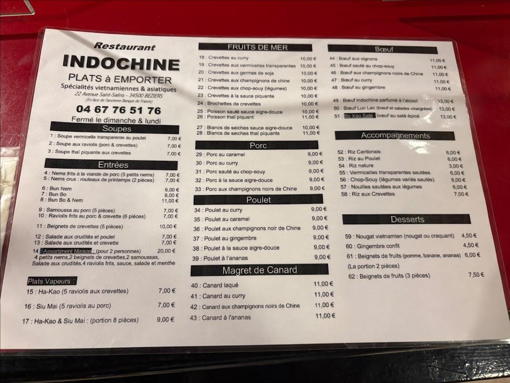 Indochine béziers - Menu Image 1